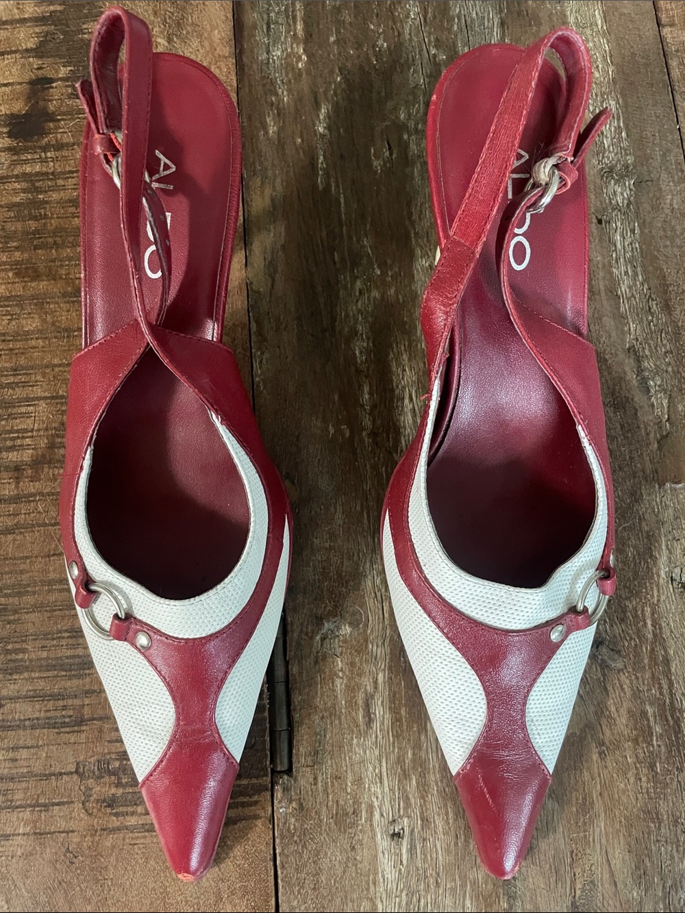 Aldo Red and White Pointed Slingback Pumps with Ring Detail